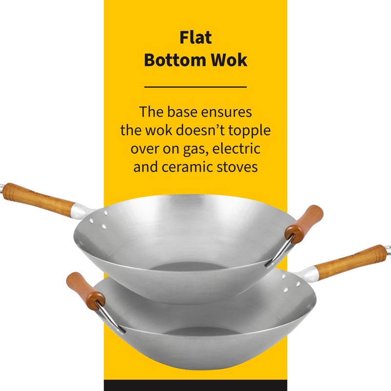 Ken Hom Flat Bottom Stir Fry Wok, 14", Carbon Steel - Image 3